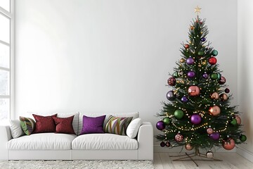 festive christmas tree decorated with balls in modern home interior living room, holidays room decoration no people