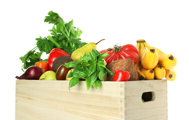 Wall Mural - Many different fruits and vegetables in wooden crate isolated on white