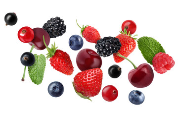 Poster - Different fresh berries in air on white background