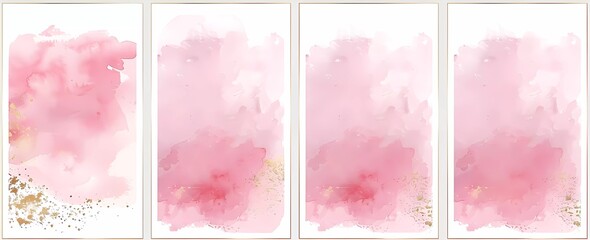Poster - A set of four blank cards with pink watercolor washes and gold splashes, vector illustration in the style of a minimalistic background,