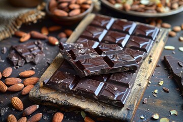 Sticker - Pieces of dark chocolate bar with almonds on rustic wooden cutting board laying on dark background