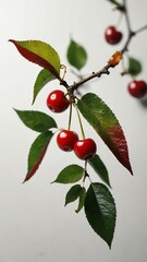 Poster - branch with cherry and leaves on plain white background abstract ad concept copy space