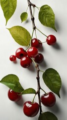 Poster - branch with cherry and leaves on plain white background abstract ad concept copy space