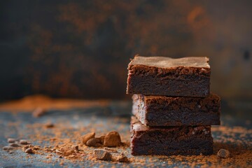 Canvas Print - Freshly baked brownies are stacked on top of each other and sprinkled with cocoa powder on a dark background