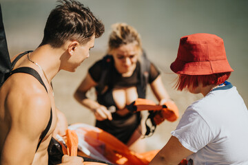 Wall Mural - Three friends inflating an orange raft together by a lake, getting ready for a fun and adventurous water activity on a sunny day.