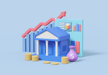 Canvas Print - 3D rendering of banking and financial analysis The bank icon symbolizes the management and protection of funds. The coin and money bag icons represent the accumulation and storage of wealth.