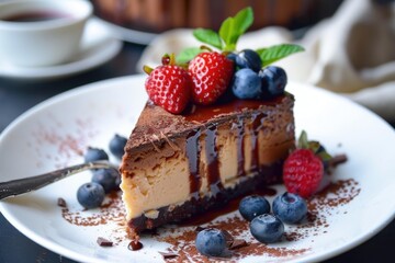 Wall Mural - Delicious slice of cheesecake topped with chocolate sauce and fresh berries being served on a white plate