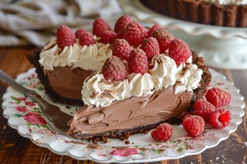 Wall Mural - Chocolate raspberry tart topped with whipped cream and cocoa powder