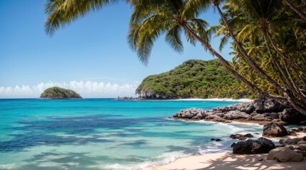 Wall Mural - Zen beach setting with palm trees by the serene blue ocean view 