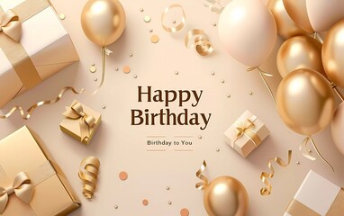 Canvas Print - Happy Birthday banner with realistic gift box and balloons on light brown background vector Illustration, text 