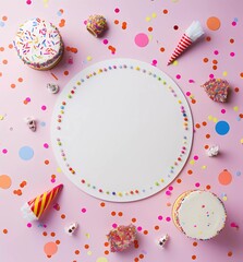 Wall Mural - White circle with colorful birthday decorations on a pastel background. A birthday party concept shown from above