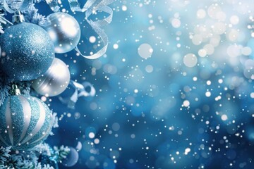 Poster - Christmas tree decorated with blue and silver baubles on blue background with snowflakes
