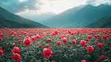 rose flower field with beautiful mountain for background