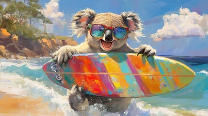 A koala wearing sunglasses and holding a colorful surfboard on a sunny beach