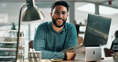 Poster - Man, face and writing in notebook at startup with ideas, reminder or schedule for project in office. Person, writer or editor with book, laptop and smile for portrait at creative agency in Colombia