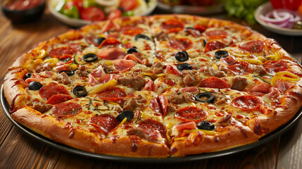 A large circle of delicious fresh pizza with cheese, salami, tomatoes and olives, pepperoni. Pizza close-up. Italian cuisine, restaurant. 