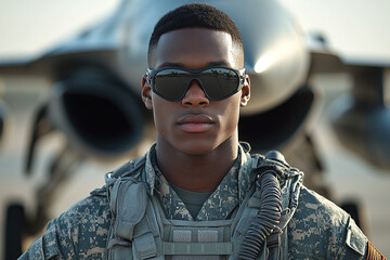 Photograph of a Soldier Standing in Front of a Military Aircraft: Showcasing military might.