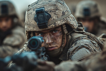 photograph of soldiers in a desert war zone: featuring a specific war environment.