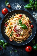 Wall Mural - Italian spaghetti with tomato sauce and grated parmesan on black board 