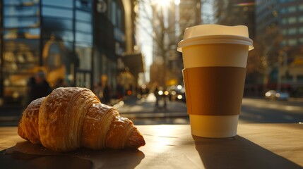 Scrumptious croissant and coffee on stylish city coffee table in an outdoor urban setting