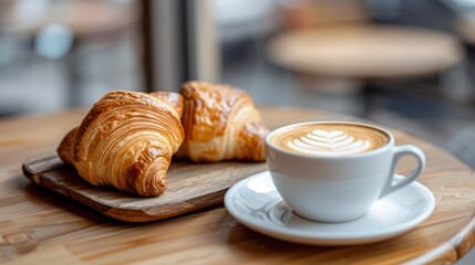 Scrumptious croissant and coffee on city coffee table in an urban outdoor setting