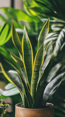 close-up photograph of a variegated snake plant in a brown pot against a blurred green leaf backgrou