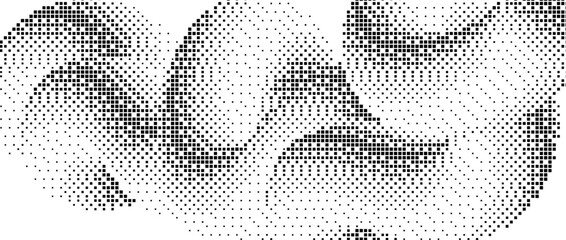 Poster - Pixelated gradient squiggle shape. Black dither wave texture background. Dotted fluid curvy form for banner, poster, leaflet. Abstract digitalized undulated overlay wallpaper. Vector comic backdrop