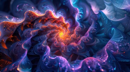 Wall Mural - swirling 3d fractal patterns in neon blues and purples depth and movement created through intricate 