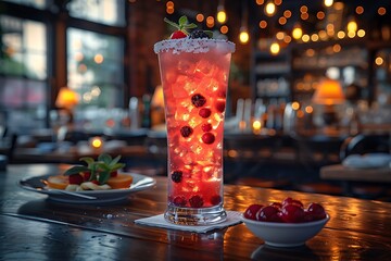 A glass of red liquid with berries and a bowl of fruit on a table.

