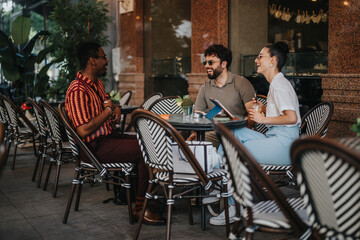 Wall Mural - Business partners planning and discussing a new project while enjoying coffee in a modern cafe setting.