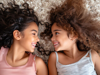 Two Happy Young Multiethnic Sisters Lying on the Carpet and Laughing Together, Looking at Each Other With Curly Hair in Close-Up From Above.