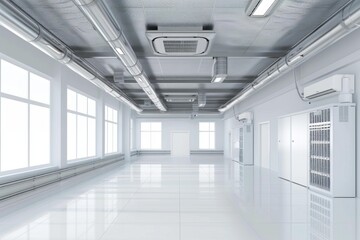 Poster - Modern empty white industrial room with big windows showing ventilation system
