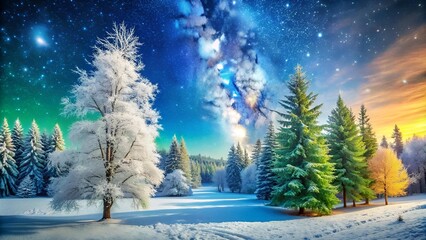 Wall Mural - showcasing a vibrant summer scene with lush greenery and a clear blue sky on one side, transitioning into a snowy winter wonderland with frosted trees and a starry night on the other.