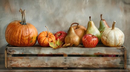 Aufkleber - A rustic wooden crate holds a collection of colorful fall harvest fruits and vegetables. Two large pumpkins, one orange and the other white, are flanked by smaller pumpkins, pears, and apples. The cra