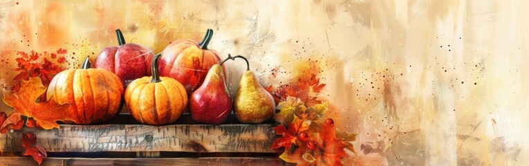 Aufkleber - A wooden crate sits in front of a watercolor-style background, filled with a variety of autumn produce. The crate contains three pumpkins and two pears, all arranged in a pleasing manner. A large oran