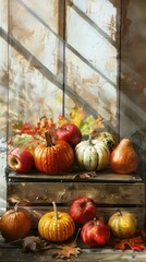 Aufkleber - A collection of pumpkins, apples, and a pear sit on a rustic wooden crate and on the floor in front of it. The fruit is arranged in a still life composition, with fall leaves scattered around the base