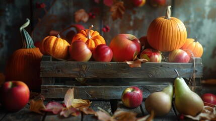 Aufkleber - A rustic wooden crate filled with pumpkins, apples, and pears sits on a wooden surface, surrounded by fallen leaves. The light casts a warm glow on the fruits, creating a cozy and inviting atmosphere.