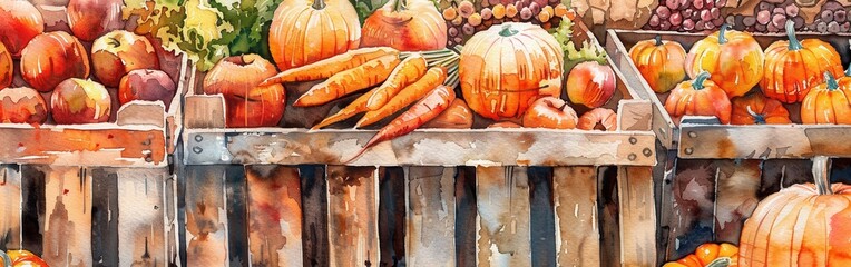 Aufkleber - This watercolor painting depicts a bountiful autumn harvest, with a variety of pumpkins, apples, carrots, and other fall produce displayed in wooden crates. The warm colors and the realistic details c