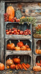 Aufkleber - A wooden crate shelf displays a bountiful harvest of fall produce, including pumpkins, gourds, apples, and carrots. The shelf is made of weathered wood with rustic charm and sits against a weathered w