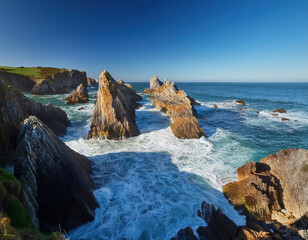 Wall Mural - Scenic view of rugged rock formations bathed by rippling sea water under cloudless blue sky