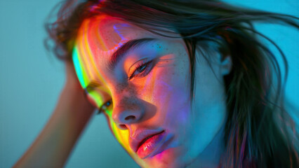 Wall Mural - Psychedelic portrait of a female model lit with a variety of colored gels. Three-quarter profile of a woman resting her head against her hand.