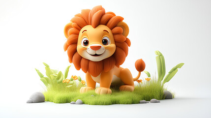 Wall Mural - 3D cute happy cartoon lion, isolated on white background