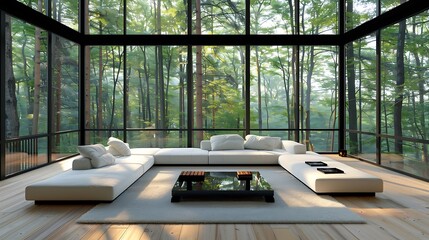 Wall Mural - Modern white living room there are large window overlooking to nature and forest