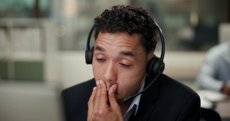 Poster - Headache, stress and man in call center office for customer service, consulting and business crm. Advisor or agent, inbound telemarketing and tired for listening, communication and faq support.