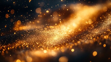 Poster - Abstract golden bokeh lights on dark background, sparkling and glowing particles. Festive and magical atmosphere concept