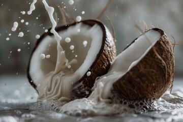 Wall Mural - Coconut milk splashing on freshly opened coconuts creating a refreshing tropical scene