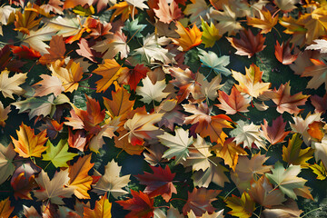 Wall Mural - Close up of colorful autumn leaves on a bed of green moss.