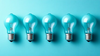 Aufkleber - Five teal light bulbs in a row on a blue background. Innovation, creativity, and energy concept