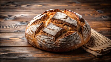 Wall Mural - Handmade whole bread with rustic crust on wooden surface, artisan, bakery, homemade, fresh, organic, natural, traditional