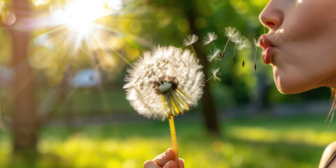 Close-up of a female face blowing on a fluffy dandelion. A woman blowing seeds off a dandelion